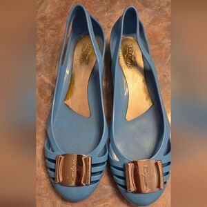 Salvatore Ferragamo Sky Blue Jelly Flats with Metallic Bow